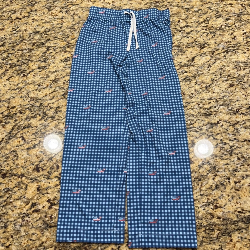 Vineyard Vines Boys Blue Gingham American Flag Whale Pajama Pants Size S 8-10
